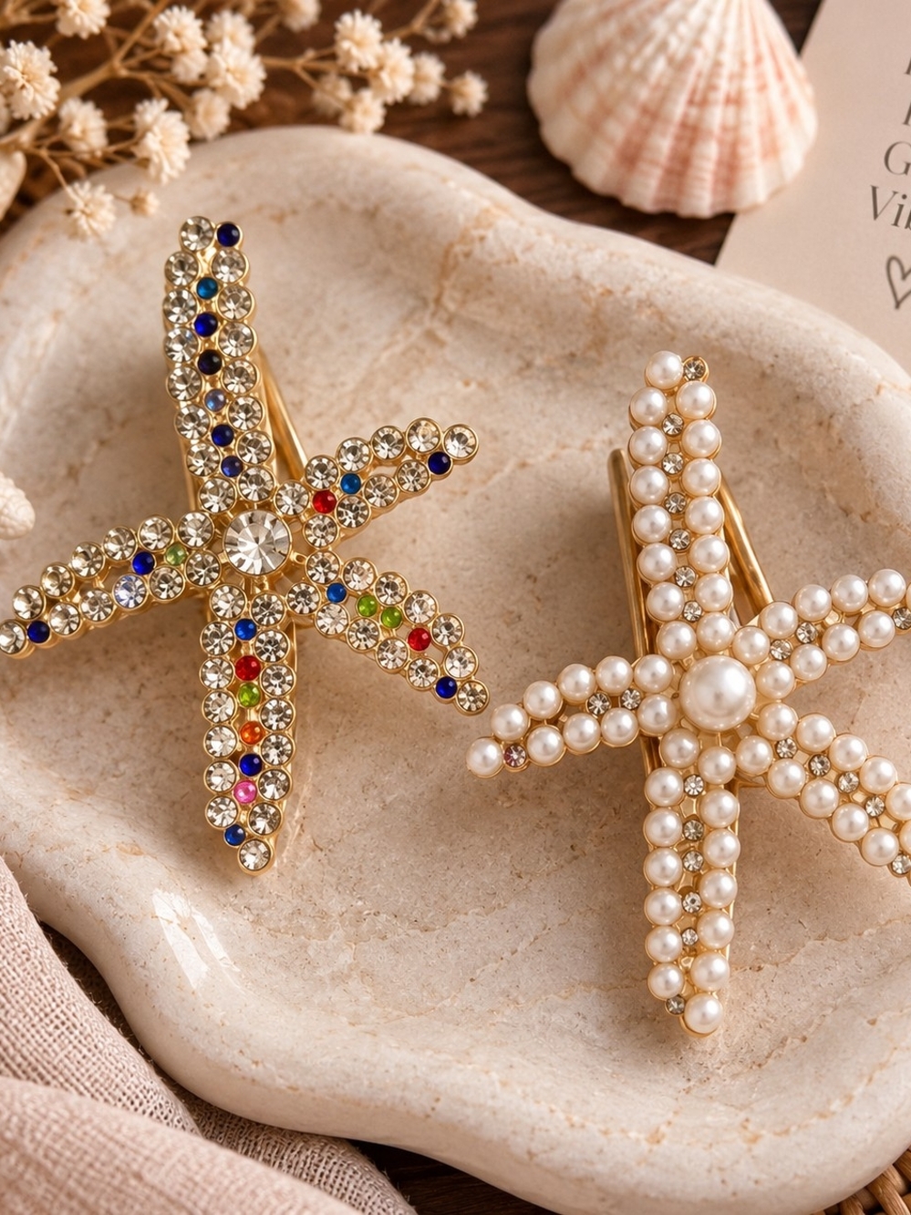 Starfish Hair Clip Barrette Set – Pearl & Rhinestone Gold Tone New
